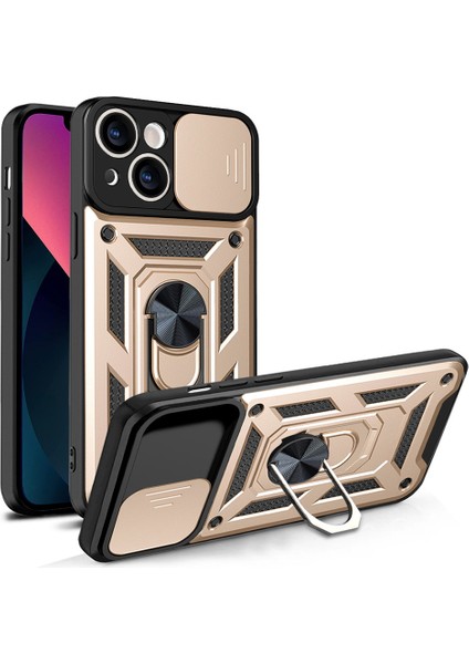 Tam Koruyucu Kamera Slayt Telefon Kasası Arka Kabuk ile iPhone 13 6.1 Inç-Altın Için Kickstand ile (Yurt Dışından)
