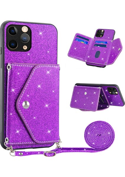 Iphone 11 Pro Glittery Power Pu Deri+Tpu Telefon Kabuğu Kart Tutucu Kickstand Case Kapak (Yurt Dışından)