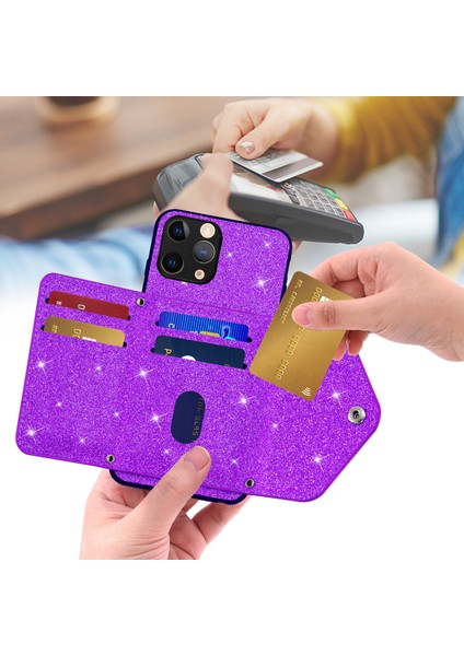 Iphone 11 Pro Glittery Power Pu Deri+Tpu Telefon Kabuğu Kart Tutucu Kickstand Case Kapak (Yurt Dışından)