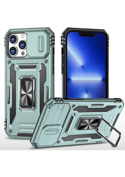 Iphone 12 Pro Max Pc+Tpu Ring Kickstand Case ile Slayt Kamera Kapağı Anti-Fall Telefon Koruyucu-Alpin Yeşil (Yurt Dışından)