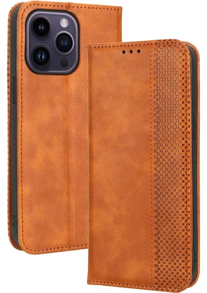 Iphone 14 Pro Telefon Kılıfı 6.1 Inç Anti-Güz Yıpranma Dirençli Dirençli Deri Kılıf Retro Doku Telefon Kapağı Manyetik Otomatik Kapatma Cep Telefonu Koruyucu Kabuk-Brown (Yurt Dışından)