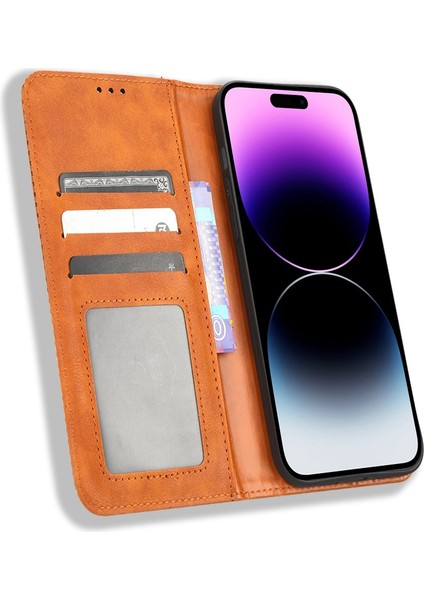 Iphone 14 Pro Telefon Kılıfı 6.1 Inç Anti-Güz Yıpranma Dirençli Dirençli Deri Kılıf Retro Doku Telefon Kapağı Manyetik Otomatik Kapatma Cep Telefonu Koruyucu Kabuk-Brown (Yurt Dışından)