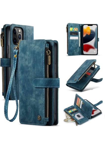 Iphone 12 Pro Max Telefon Kılıfı Anti-Drop Telefon Kılıfı Çok Fonksiyonlu Fermuarı Cep Cüzdan Telefon Kapağı Pu Deri Stand Kartı Tutucu Strap-Mavi (Yurt Dışından)