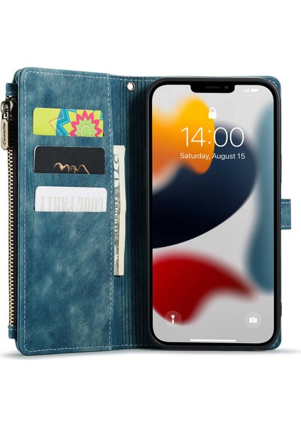 Iphone 12 Pro Max Telefon Kılıfı Anti-Drop Telefon Kılıfı Çok Fonksiyonlu Fermuarı Cep Cüzdan Telefon Kapağı Pu Deri Stand Kartı Tutucu Strap-Mavi (Yurt Dışından)