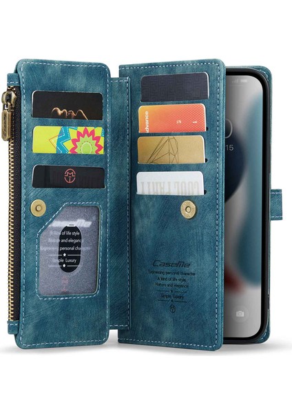 Iphone 12 Pro Max Telefon Kılıfı Anti-Drop Telefon Kılıfı Çok Fonksiyonlu Fermuarı Cep Cüzdan Telefon Kapağı Pu Deri Stand Kartı Tutucu Strap-Mavi (Yurt Dışından)