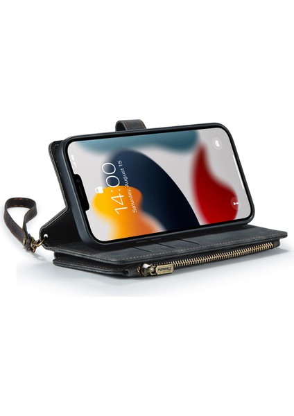 Iphone 12 Pro Max Telefon Kılıfı Anti-Drop Telefon Kılıfı Çok Fonksiyonlu Fermuarı Cep Cüzdan Telefon Kapağı Pu Deri Stand Kartı Tutucu Strap-Black (Yurt Dışından)