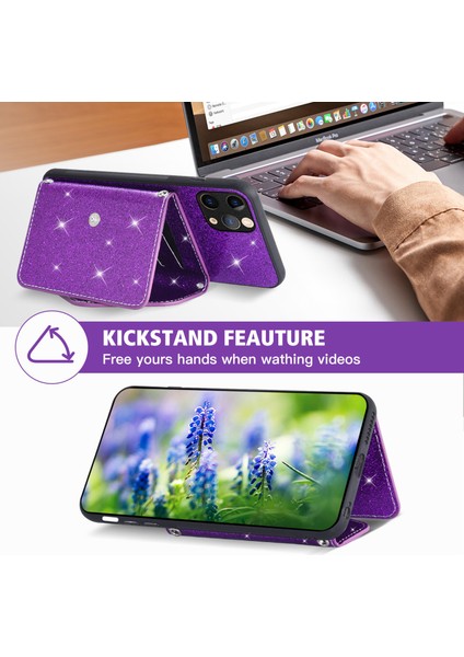 Iphone 11 Pro Glittery Power Pu Deri+Tpu Telefon Kabuğu Kart Tutucu Kickstand Case Kapak (Yurt Dışından)