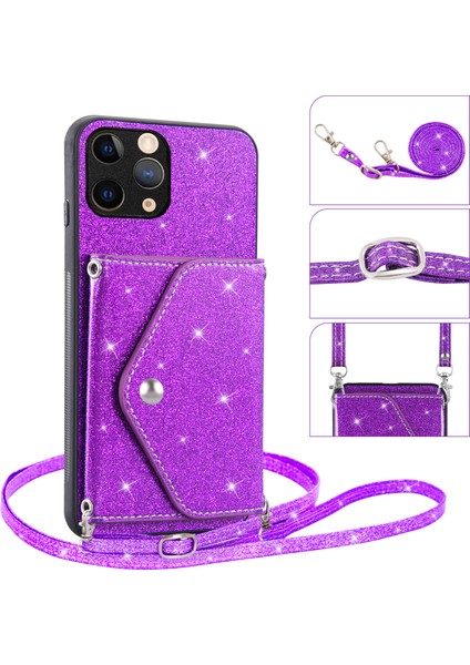 Iphone 11 Pro Glittery Power Pu Deri+Tpu Telefon Kabuğu Kart Tutucu Kickstand Case Kapak (Yurt Dışından)