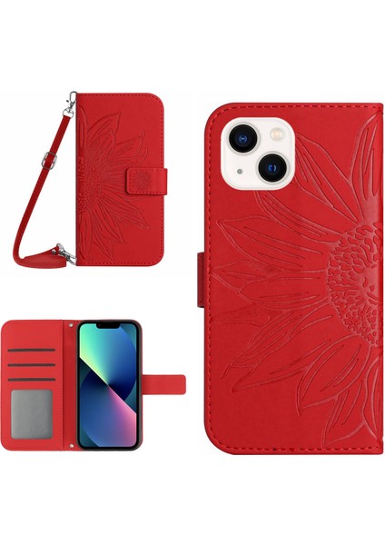 Iphone 13 Mini Telefon Kılıfı Için 5.4 Inç Cilt Touch Pu Deri Basılı Ayçiçeği Stand Kılıfı Kılıf Anti-Çizelge Telefon Cüzdan Kapağı Omuz Kayışı Kırmızısı (Yurt Dışından)