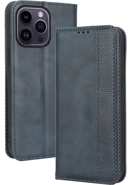 Iphone 14 Pro Telefon Kılıfı Için 6.1 Inç Anti-Güz Anti-Dirençli Dirençli Deri Kılıf Retro Doku Telefon Kapağı Manyetik Otomatik Kapatma Cep Telefonu Koruyucu Kabuk Mavisi (Yurt Dışından)