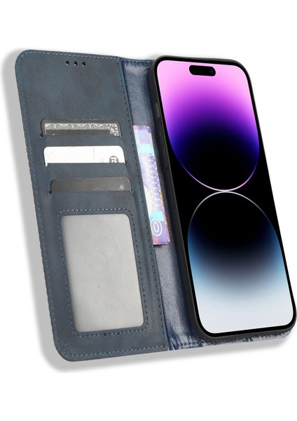 Iphone 14 Pro Telefon Kılıfı Için 6.1 Inç Anti-Güz Anti-Dirençli Dirençli Deri Kılıf Retro Doku Telefon Kapağı Manyetik Otomatik Kapatma Cep Telefonu Koruyucu Kabuk Mavisi (Yurt Dışından)