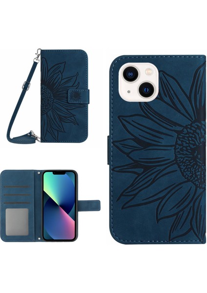 Iphone 13 Mini Telefon Kılıfı Için 5.4 Inç Cilt Touch Pu Deri Basılı Ayçiçeği Stand Kılıf Kılıf Anti-Çizgi Anti-Çizelge Telefon Cüzdan Kapağı Omuz Kayış-Dark Mavi (Yurt Dışından)