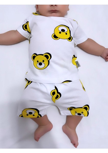 Bebek Pijama Takımı Kısakol Şort Sarı Ayıcık Desen Pamuk Yenidoğan