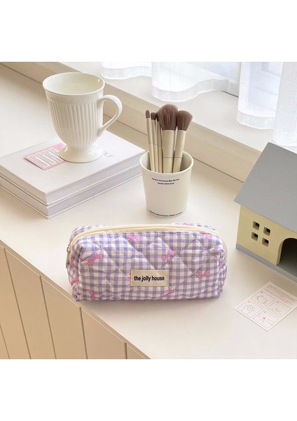 Güzel Görünümlü, Büyük Kapasiteli Kalem Kutusu, Ekose Fiyonklu Saklama Çantası, Kozmetik Çantası, Kız Kırtasiye Kutusu (Yurt Dışından)