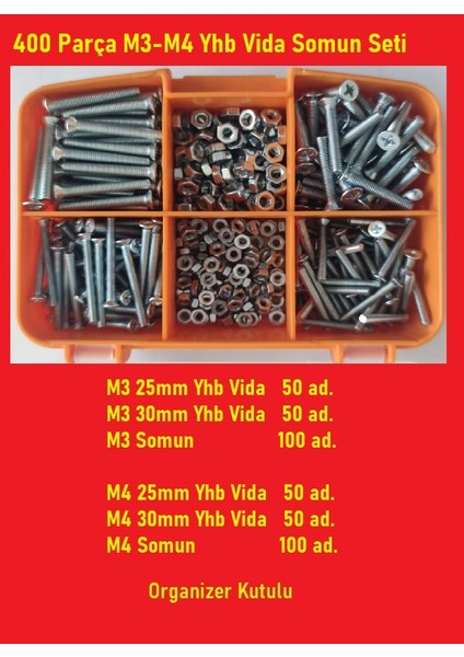 Bul End M3-M4 Yhb Vida Somun SETI-400 Adet   Boy 25-30  mm Organizer Kutulu