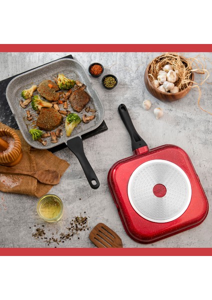 28 cm Indüksiyon Tabanlı Kare Izgara Grill Tava (Kırmızı)