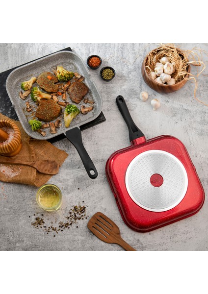 28 cm Indüksiyon Tabanlı Kare Izgara Grill Tava (Kırmızı)