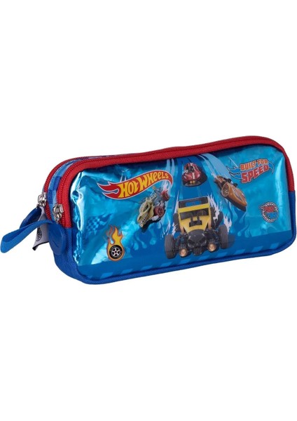 Hot Wheels Okul Kalem Kutusu Çift Bölmeli Çocuk Bez Kalem Çantası Mavi
