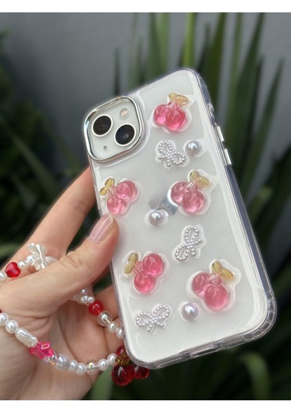 Paladyum Case iPhone 14 Uyumlu Kirazlı Simli Boncuklu Şeffaf Kılıf