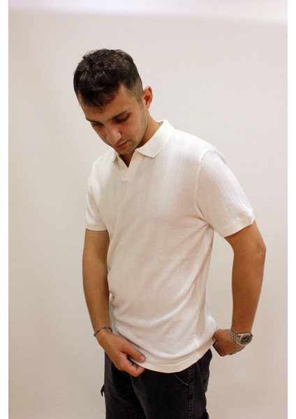 Caz 4157 Kendinden Dokulu Polo Yaka Düğmesiz Erkek T-Shirt