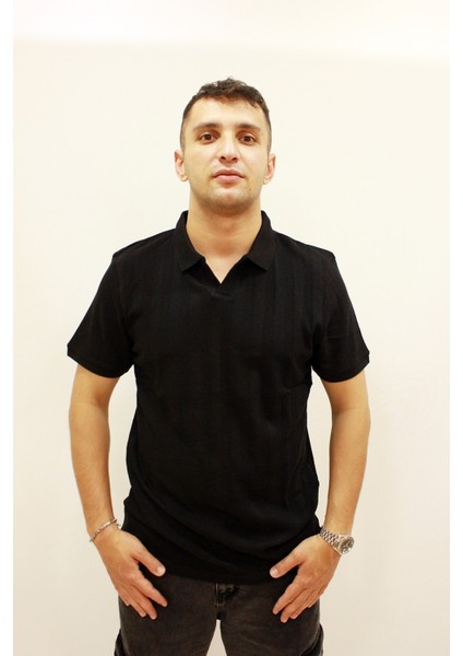 Caz 4157 Kendinden Dokulu Polo Yaka Düğmesiz Erkek T-Shirt