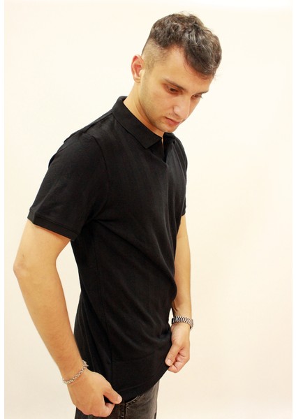 Caz 4157 Kendinden Dokulu Polo Yaka Düğmesiz Erkek T-Shirt fırsatları