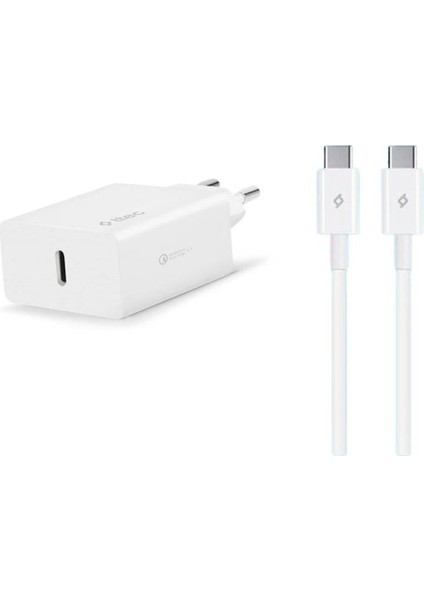 20W Pd Type C Girişli Şarj Adaptörü ve 1.2 Metre 65W Type C Şarj Kablosu, Akım ve Isı Korumalı