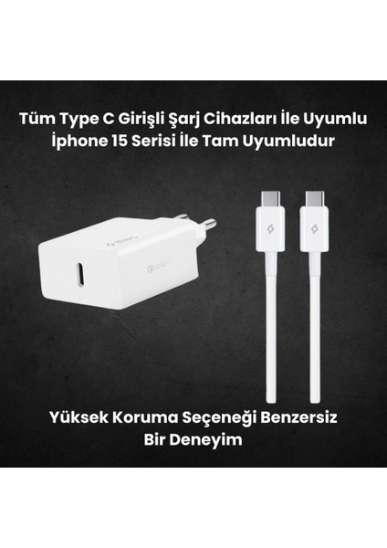 20W Pd Type C Girişli Şarj Adaptörü ve 1.2 Metre 65W Type C Şarj Kablosu, Akım ve Isı Korumalı