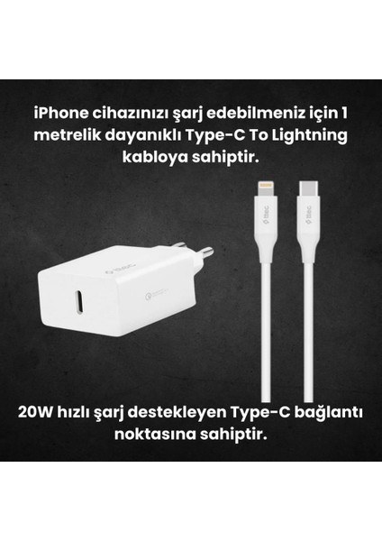 20W Pd Type C Girişli Şarj Adaptörü ve 1.2 Metre Iphone Lightning Şarj Kablosu, Akım ve Isı Korumalı