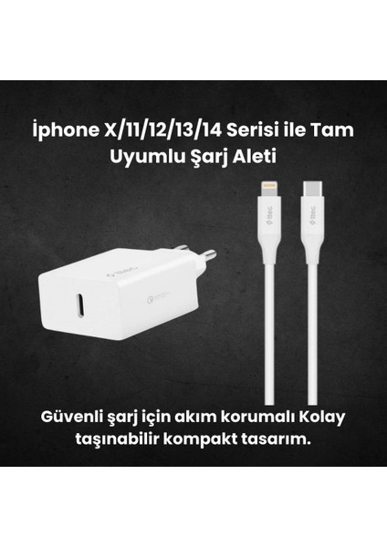 20W Pd Type C Girişli Şarj Adaptörü ve 1.2 Metre Iphone Lightning Şarj Kablosu, Akım ve Isı Korumalı