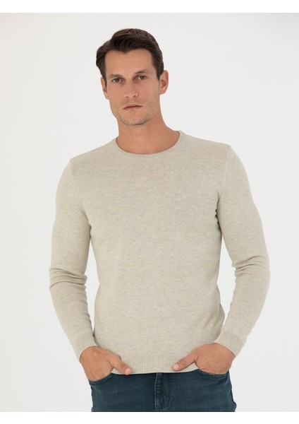 Erkek Bej Slim Fit Bisiklet Yaka Triko Kazak 50270175-VR011