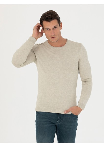 Erkek Bej Slim Fit Bisiklet Yaka Triko Kazak 50270175-VR011