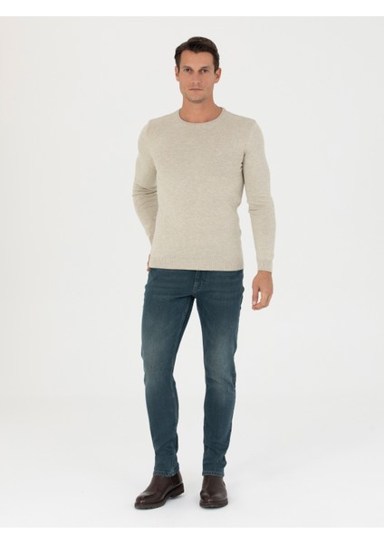 Erkek Bej Slim Fit Bisiklet Yaka Triko Kazak 50270175-VR011