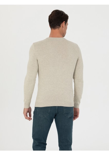 Erkek Bej Slim Fit Bisiklet Yaka Triko Kazak 50270175-VR011