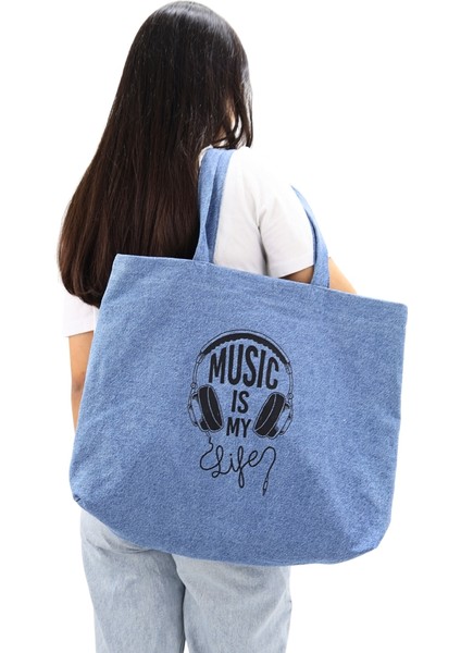 Bez Kadın Çantası, Geniş Hacimli, Bordo Music Baskılı El ve Omuz Bez Çanta