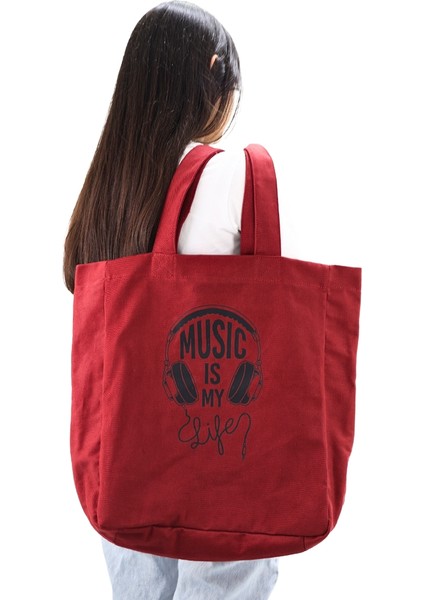 Bez Kadın Çantası, Geniş Hacimli, Bordo Music Baskılı El ve Omuz Bez Çanta