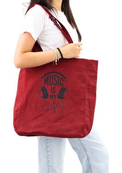 Bez Kadın Çantası, Geniş Hacimli, Bordo Music Baskılı El ve Omuz Bez Çanta fiyatları