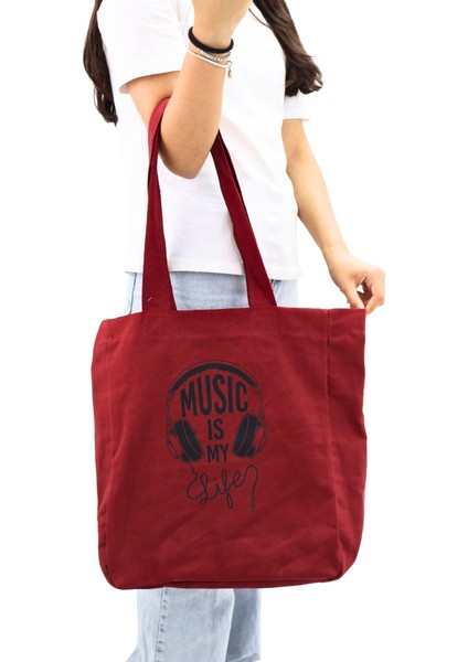 Bez Kadın Çantası, Geniş Hacimli, Bordo Music Baskılı El ve Omuz Bez Çanta modelleri