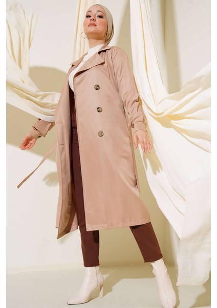 T5853 Kruvaze Yaka Tesettür Trençkot - Vizon