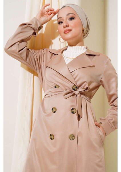 T5853 Kruvaze Yaka Tesettür Trençkot - Vizon modelleri