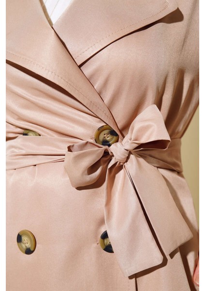 T5853 Kruvaze Yaka Tesettür Trençkot - Vizon fırsatları