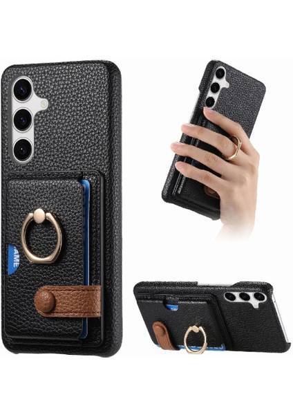 Samsung Galaxy S24 Premium Dokulu Deri Kart Yuvaları Halka Standı (Yurt Dışından)