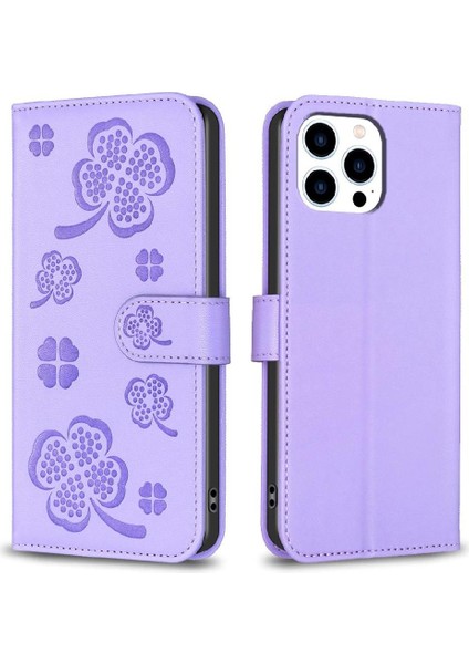 IPhone 15 Için Flip Case Pro Kart Yuvaları Tutucu Kickstand Cüzdan Yonca Pu (Yurt Dışından)