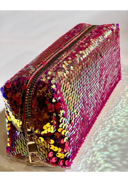 Premium Pullu Pembe Çanta Okul Kalemlik Çantası 20 x 9 x 6 cm