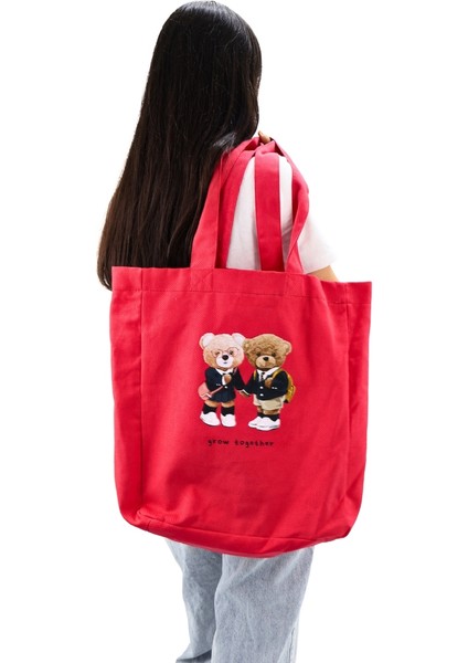 Bag Bez Kadın Çantası, Geniş Hacimli, Kırmızı Iki Ayıcık Baskılı El ve Omuz Bez Çanta