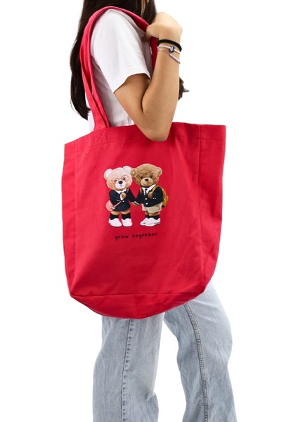 Bag Bez Kadın Çantası, Geniş Hacimli, Kırmızı Iki Ayıcık Baskılı El ve Omuz Bez Çanta fiyatları