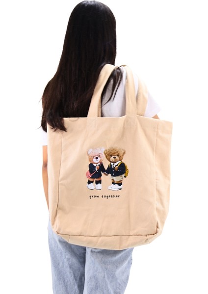 Bag Bez Kadın Çantası, Geniş Hacimli, Krem Iki Ayıcık Baskılı El ve Omuz Bez Çanta