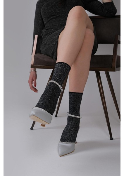 Gümüş Saten Taşlı Stiletto Bilekten Bantlı Gri Topuklu Ayakkabı - Honey
