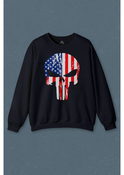 Lacivert Sweatshirt The Crazy Punisher Cezalandırıcı Frank Castle Baskılı Unisex Sweat