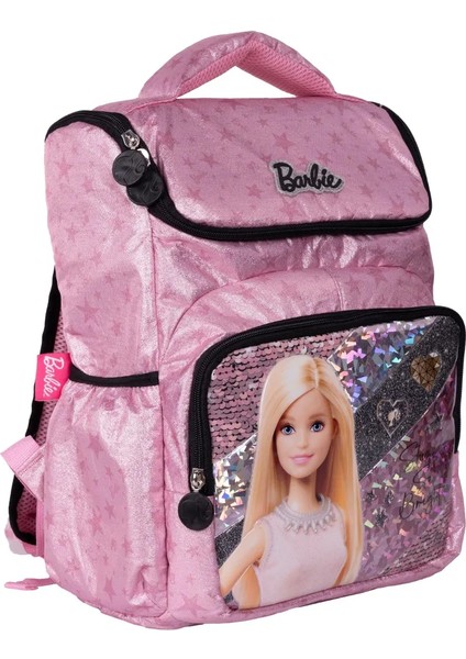 Barbie Kabartmalı Desen Büyük Boy 2 Bölmeli Cepli Çocuk Okul Sırt Çantası Pudra Pembe